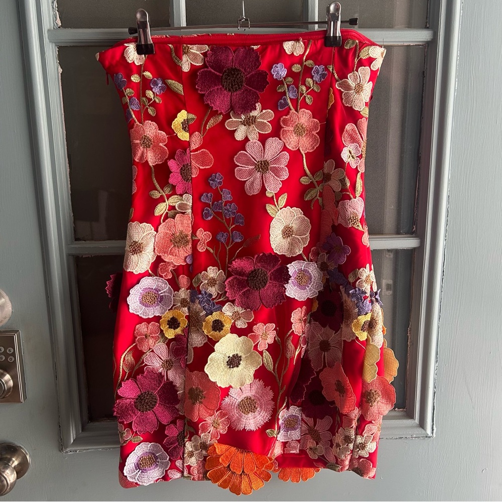 Endless Rose Floral Embroidered Flower Embellished Strapless Red Mini Dress S - Picture 4 of 11
